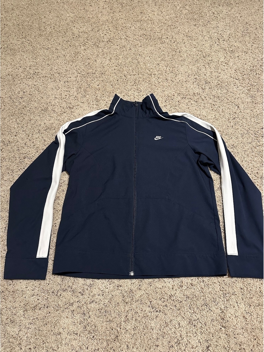 Nike Navy Blue Track Jacket with White Stripe Detail, Size Large